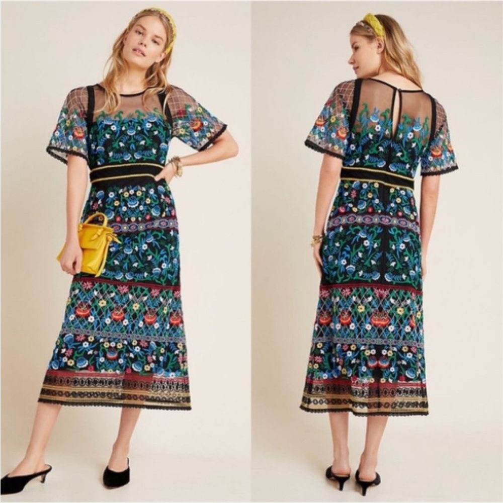 Anthropologie Esther Floral Embroidered Black Midi Dress